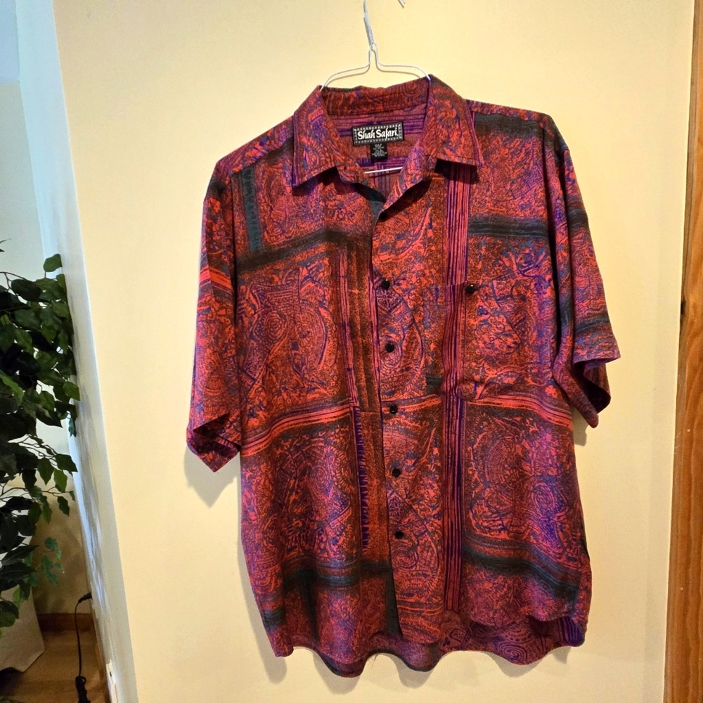 Rare, Vintage Shah Safari Shirt, Vibrant Abstract Print, Bold 90s Vibes, Size L